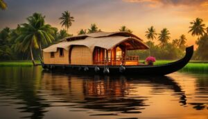 Traditional Kerala houseboat on Alleppey backwaters surrounded by palm trees